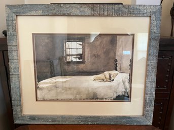 Framed Rustic Sleeping Dog Print In Distressed Gray Frame