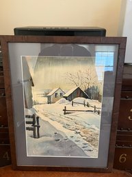Framed Winter Farmhouse Watercolor Landscape Print
