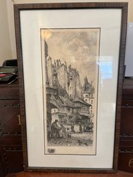 Framed European Street Scene Etching Signed Le Sauterque