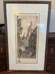 Framed Paris Street Scene Etching With Sacr-Cur Signed Le Sauterque