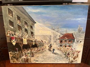 Original Medieval Town Celebration Oil Painting On Canvas Signed SB 00