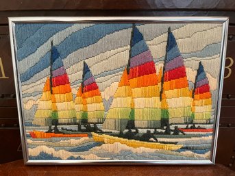 Framed Mid-Century Needlepoint Sailboat Harbor Scene Textile Art