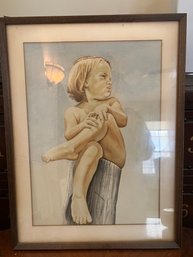Vintage Child Portrait Print, Seated Child On Tree Stump, Framed Artwork