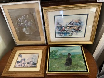 Lot Of 4 Framed Wall Art Pieces- Cottage Print, Cherubs, Floral Still Life & Dog Painting