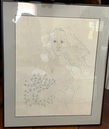 Vintage Framed Textile String Art Portrait Of Woman With Floral Basket, 24 X 19.75 Inches