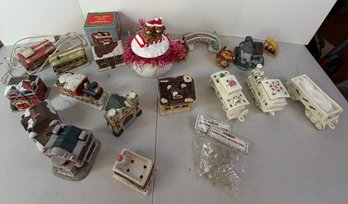 Christmas Village & Holiday Decor Lot, Lighted Buildings, Noel Train, Toy Shoppe, Music Store & More