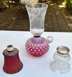 Vintage Cranberry Hobnail Glass Oil Lamp & Decorative Glass Pieces Lot