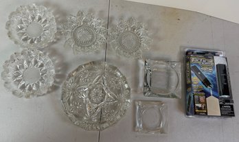 Vintage Cut Glass Ashtray Collection, Starburst Floral & Square Designs, Bell + Howell Lighter