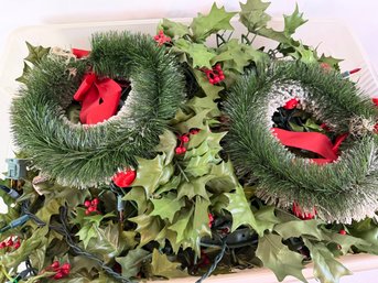 Christmas Decor Lot- Lighted Holly Wreaths, Flocked Wreaths, Holiday Lights & Candle Lamps