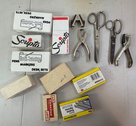 Vintage Office & Desk Supply Lot – Scripto Pencils & Erasers, Stanley Bostitch Staples, Scissors & Punches