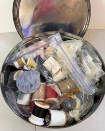 Vintage Sewing Notions Lot- Thread Spools, Buttons, Needles, Bobbins & Decorative Storage Tin