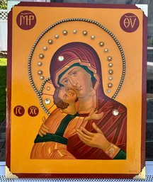 Original Embellished Our Lady Of Tenderness Religious Icon By Antoine M. Solounias  Madonna & Child