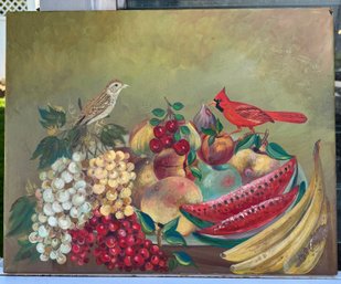 Original Fruit Still Life Oil Painting By Antoine M. Solounias Cardinal & Songbird Scene