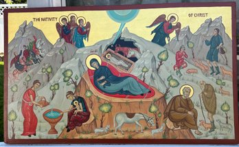 Original Hand Painted Acrylic Nativity Of Christ Icon With 22K Gold Leaf By Antoine M. Solounias