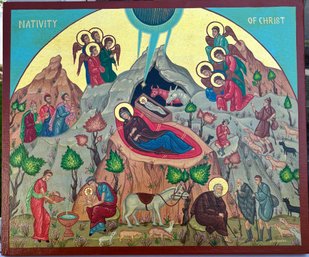 Antoine M. Solounias Original Nativity Of Christ Religious Icon With 22K Gold Leaf Hand Painted Byzantine Ar