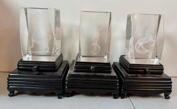 Set Of 3 Etched 3D Crystal Animal Display Blocks With Light-Up Black Bases