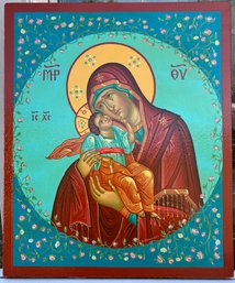 Antoine M. Solounias Original Theotokos Glykophilousa Icon  Virgin Mary Tenderness Acrylic Religious Painting