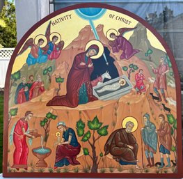 Antoine M. Solounias Original Nativity Of Christ Icon With 22K Gold Leaf Hand Painted Acrylic Byzantine Art