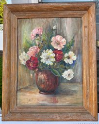 Original Oil Painting By Antoine M. Solounias  Floral Still Life In Rustic Wood Frame