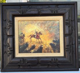 Vintage Signed 1970s Sunset Riders Impressionist Oil Painting In Carved Wood Frame