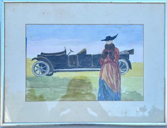 Original Watercolor Painting By Roseleen Savage Vintage Automobile Scene