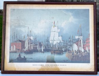Vintage Framed Boston Harbor  Long And Central Wharves Maritime Print
