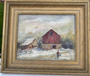Lila B. Hetzel Framed Winter Barn Landscape Oil Painting