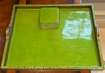 Designer Style Decorative Green Serving Tray With 7 Matching Coasters & Jeweled Handles 19' X 15'