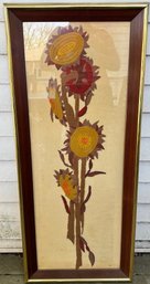 Mid Century Framed Textile Sunflower Wall Art, Fiber Art Floral Panel