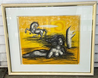 Signed Numbered Modernist Figural Print, Winged Female & Horse Composition