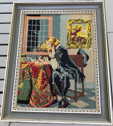 Framed Needlepoint Colonial Woman Interior Scene