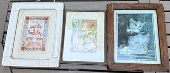 Lot Of 3 Framed Cat-Themed Prints And Wall Art