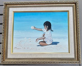 Signed Betty McLaughlin Beach Scene Oil Painting Of Child In White Sands