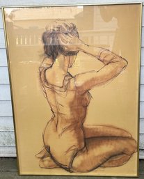 Large Framed Seated Nude Figure Drawing, Signed 1980 Charcoal And Wash Study