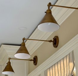 Lot Of 3 Adjustable Swing Arm Wall Sconces With White Metal Shades & Bronze Finish