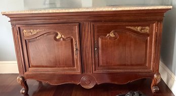 French Provincial Marble Top Credenza Buffet Cabinet With Carved Wood & Gilt Accents