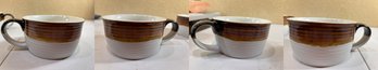 Set Of 4 Brown Drip Glaze Soup Mugs / Handled Bowls