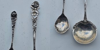 800 Silver Floral Spoon Set Of 2  Ornate Rose Handles, Hallmarked- 5' & 7'- 52g Total