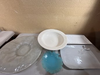 Mixed Serving Dish Lot - Pasta Bowl, Milk Glass Tray, Blue Glass Plate & More (5 Pcs)