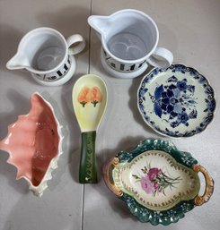 Lot Of 6 Assorted Decorative Ceramic Kitchen Pieces  Pitchers, Tray & Spoon Rest