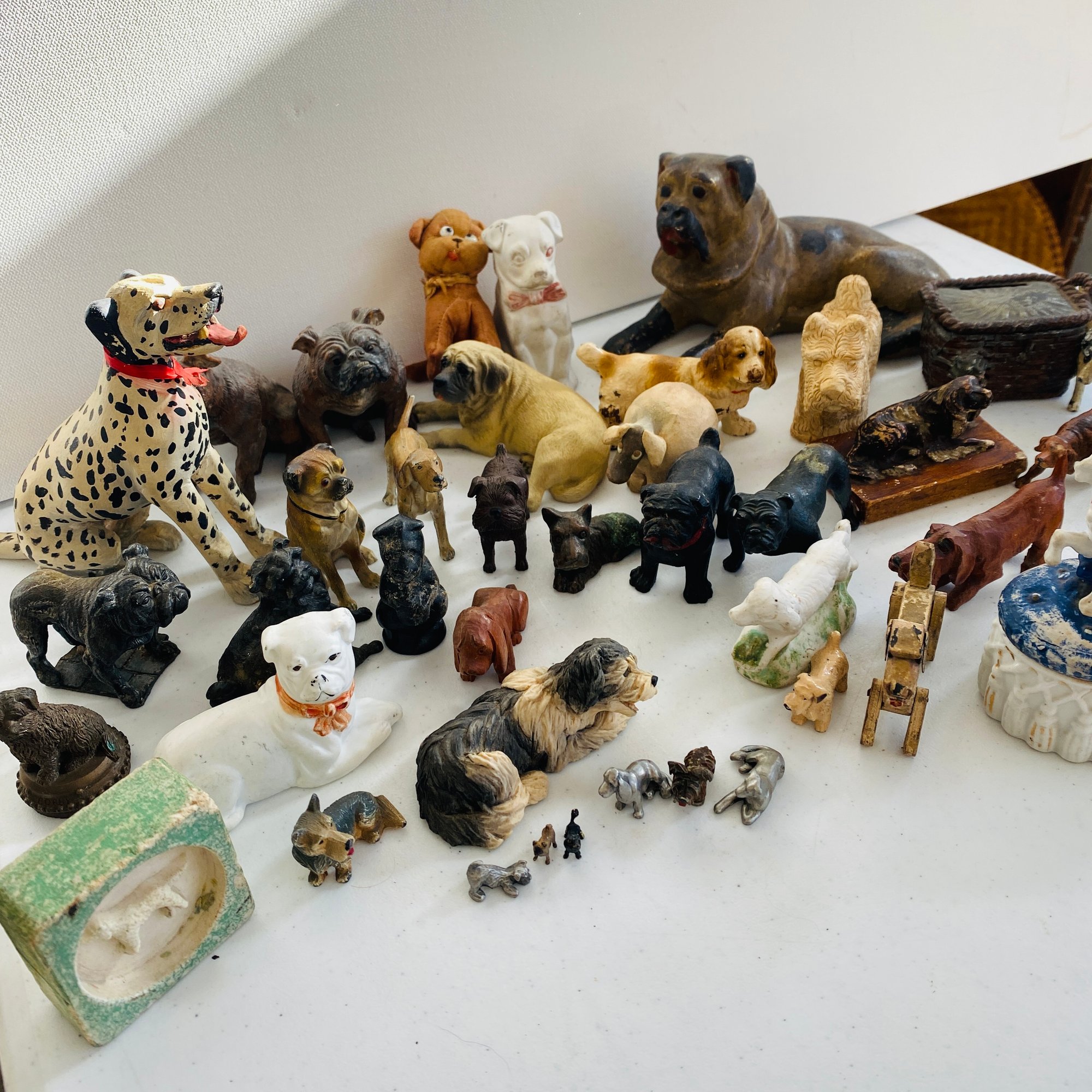 Large Lot Of Dog Vintage Dog Figurines Made Of Metal, Wood, Cloth