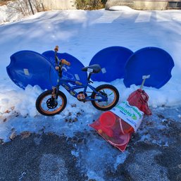 Kids Bike, Beach Toys, 4 Snow Sleds - Garage