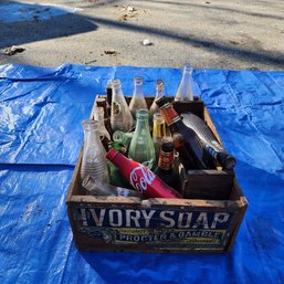 Vintage Wooden Ivory Soap Crate With An Assortment Of Bottles - Garage