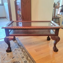 Absolutely Beautiful Wooden Coffee Table With Glass Display And Claw Feet (DR)