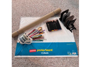 Assorted Office And Art Supplies: Pens, Colored Pencils, Paper, Bookends (BSMT)