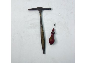 Vintage Upholstery Hammer And Wooden Handle Ice Pick (BSMT)