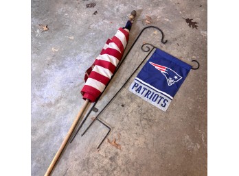 Large American Flag, Patriots Garden Flag, And Metal Shepherd’s Hook (Garage 1)