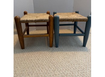 Pair Of Handcrafted Footstools With Woven Rush Seats And Wooden Frames (BR)