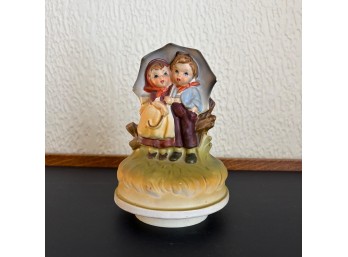 Vintage Sankyo Music Box Figurine- Children Huddled Under Umbrella (LR)