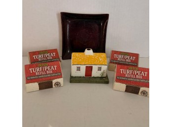 Irish Turf Peat Incense Burner Set With Extra Sods And Glass Dish (LR)